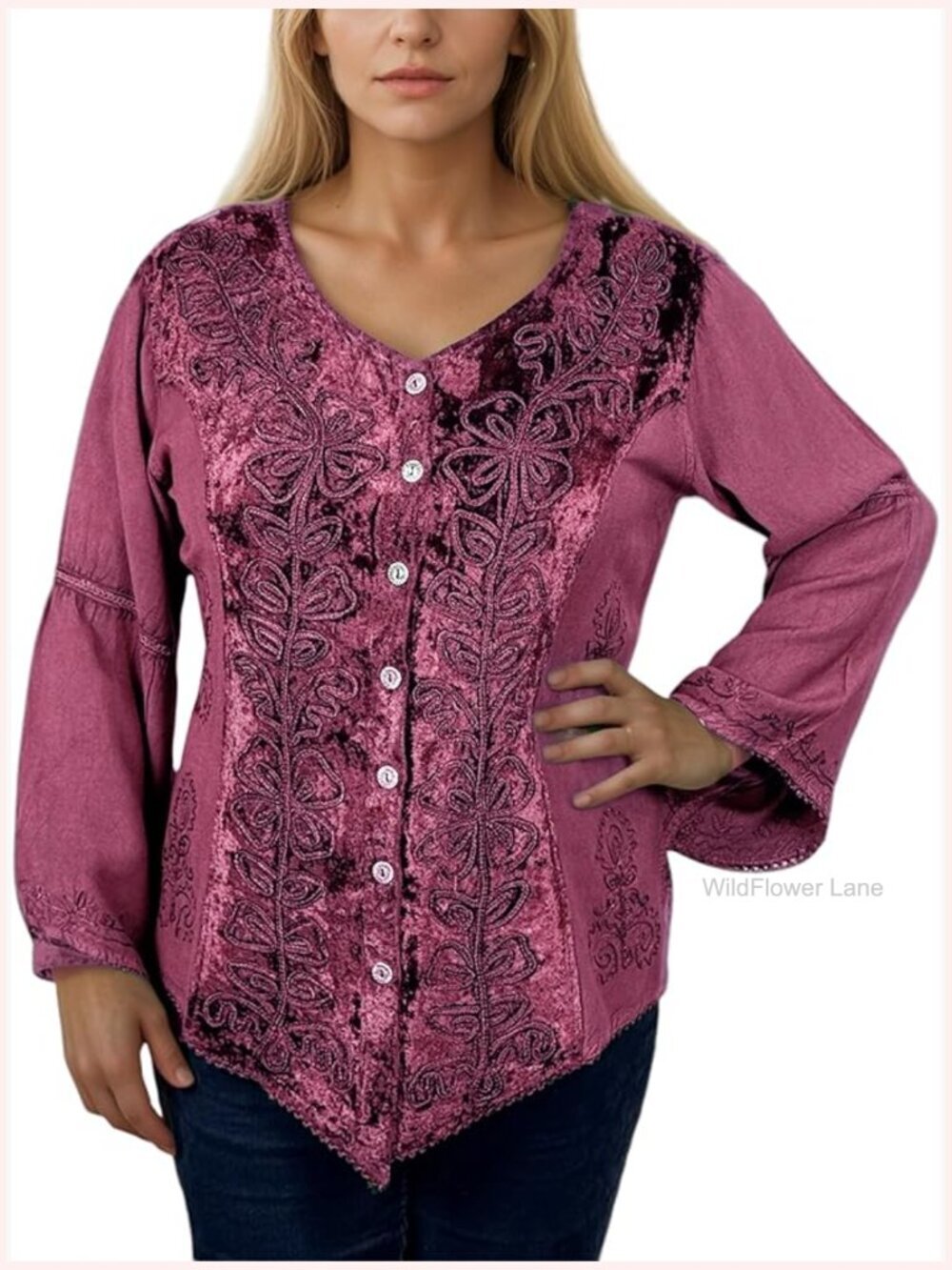 Vintage Embroidered Velvet Button Down Blouse Long Sleeve